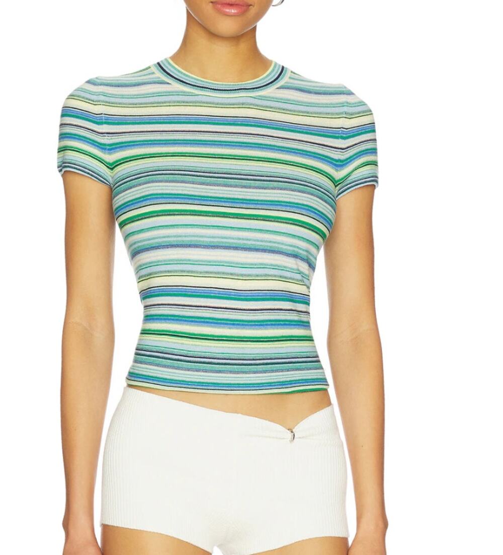 PISTOLA Selene Cotton Green Blue Striped Short Sleeve Sweater Size Small